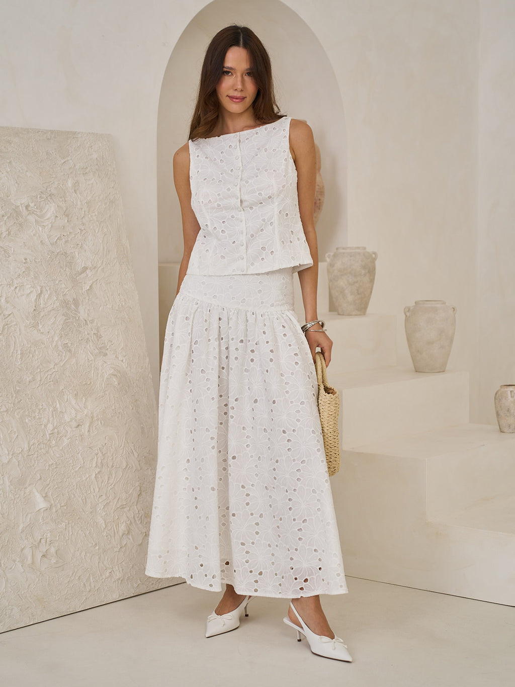 DROPPED WAIST BRODERIE MAXI SKIRT