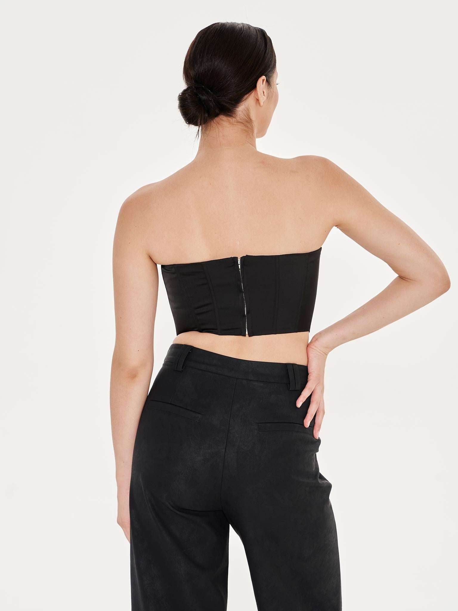 Black Satin Scoop Front Corset - Black