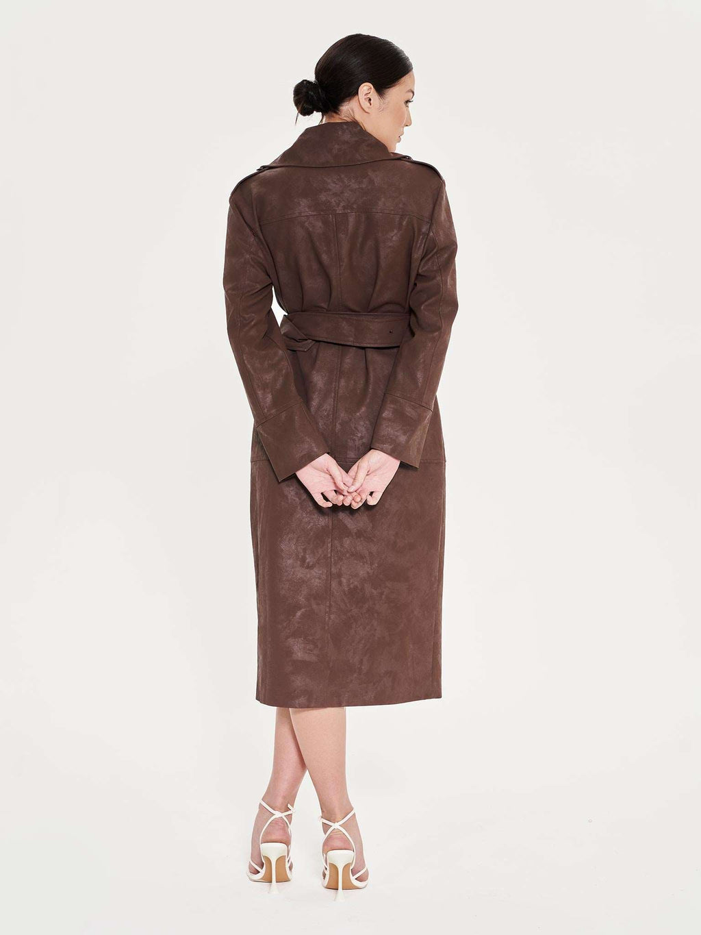 Faux Leather Trench Coat - Brown