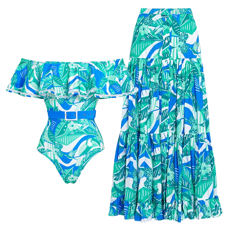 Off Shoulder Ruffled Printed One Piece Swimsuit and Skirt