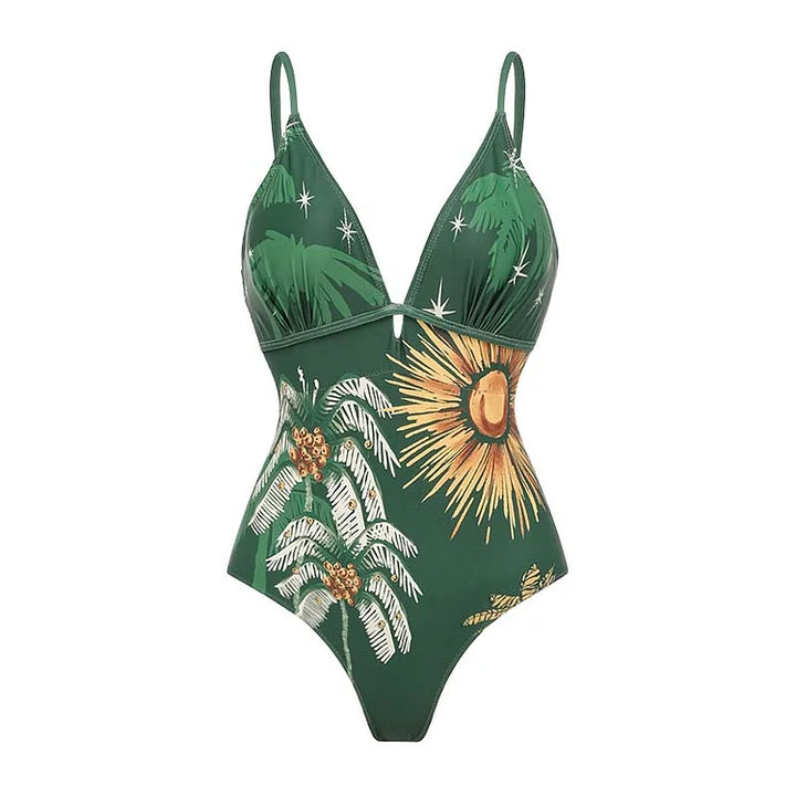 Tropical Green Printed One Piece Swimsuit and Skirt