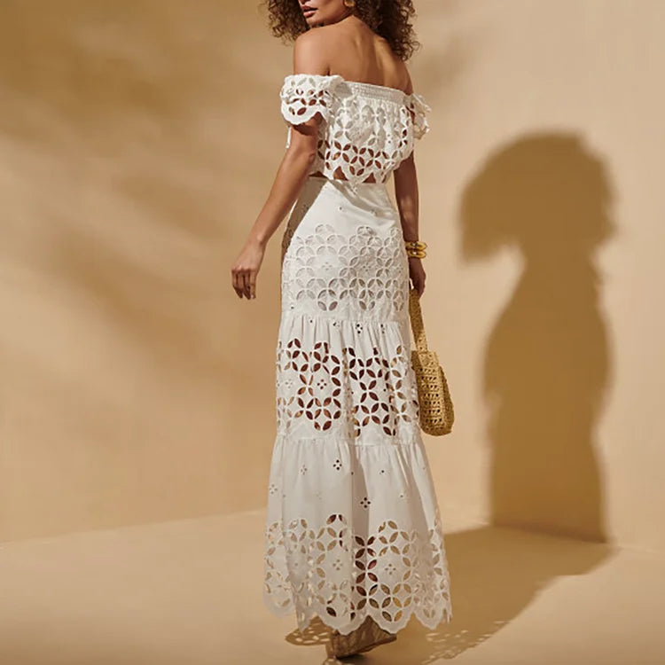 White Hollowing Design Ruffled Sleeves Bikini Swimsuit and Skirt