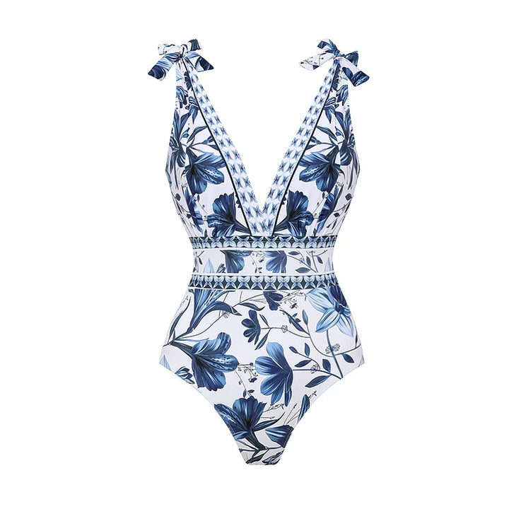 Blue Florals Printed V Neck Lace Up One Piece Swimsuit