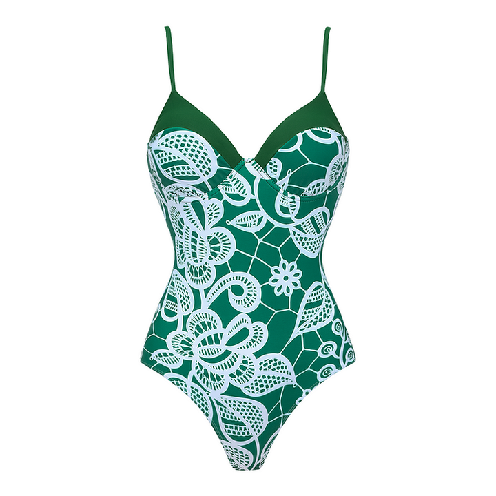Green Lace Printed One Piece Swimsuit and Skirt