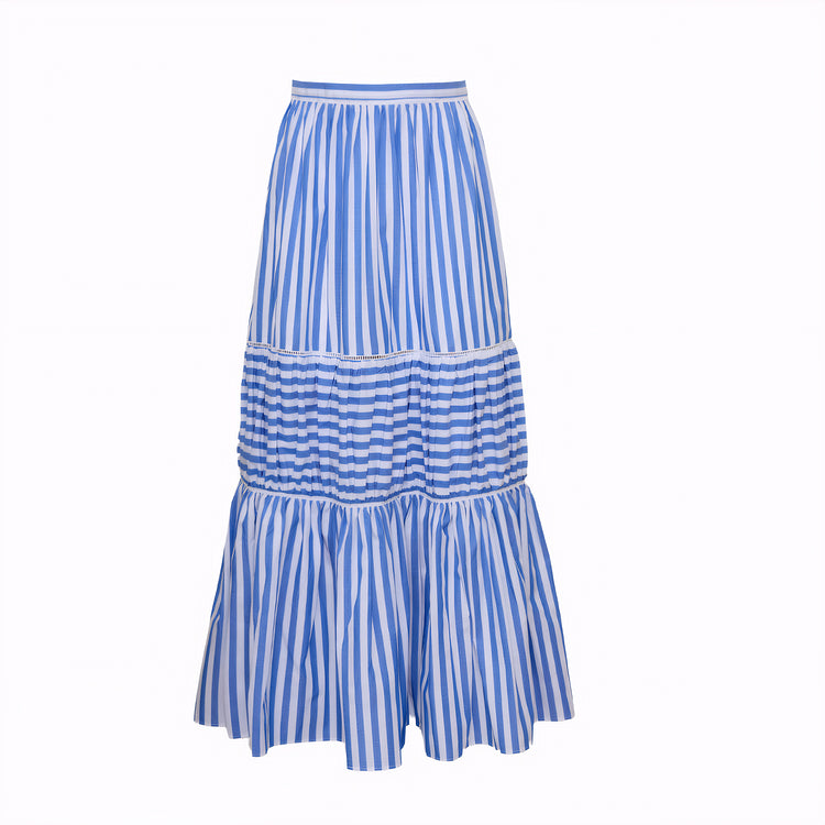 Blue Striped V-Neck One-Piece Swimsuit&Long Skirt