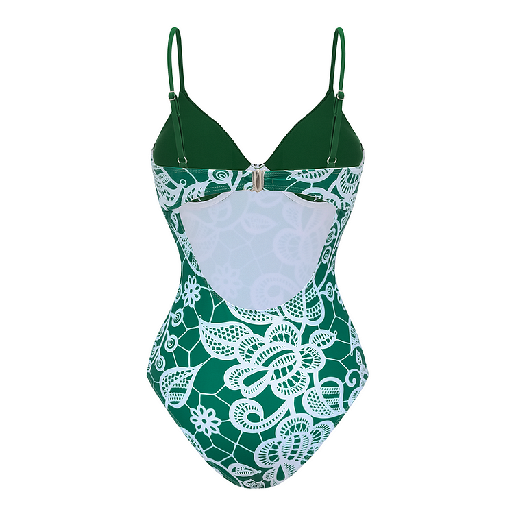 Green Lace Printed One Piece Swimsuit and Skirt