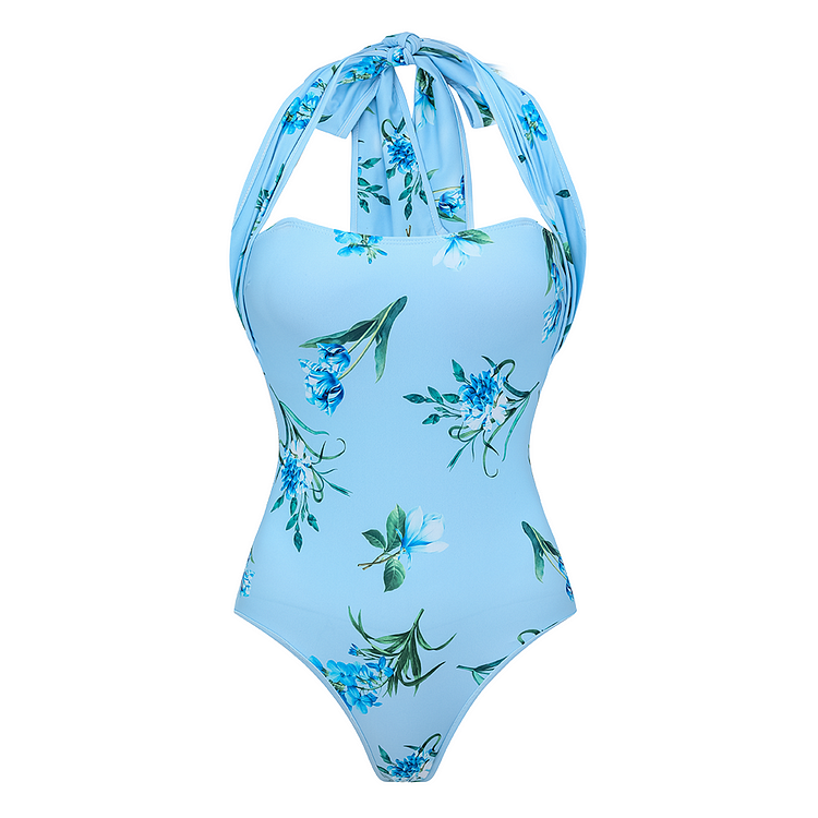 Bowknot Floral Printed One Piece Swimsuit and Skirt (Two Ways to Wear)