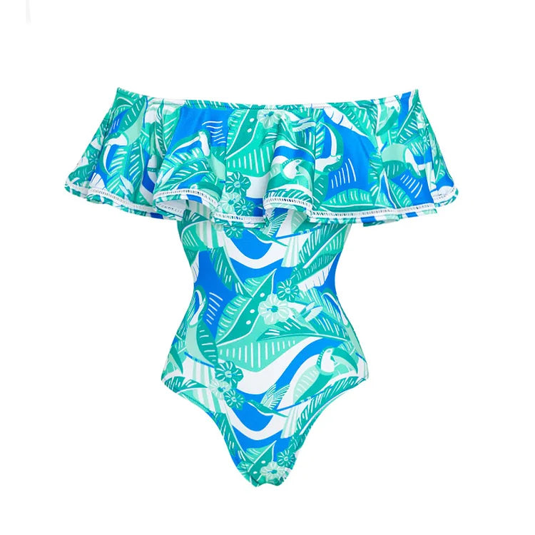 Off Shoulder Ruffled Printed One Piece Swimsuit and Skirt