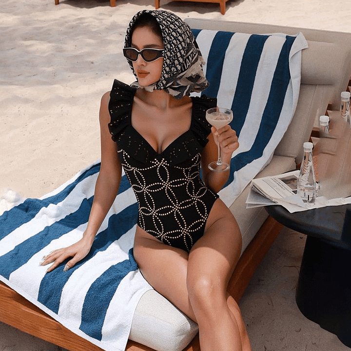 Underwired Black Ruffle Laser Cutting Flower One Piece Swimsuit and Skirt