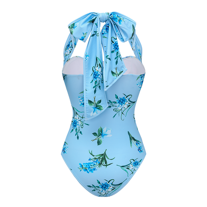 Bowknot Floral Printed One Piece Swimsuit and Skirt (Two Ways to Wear)