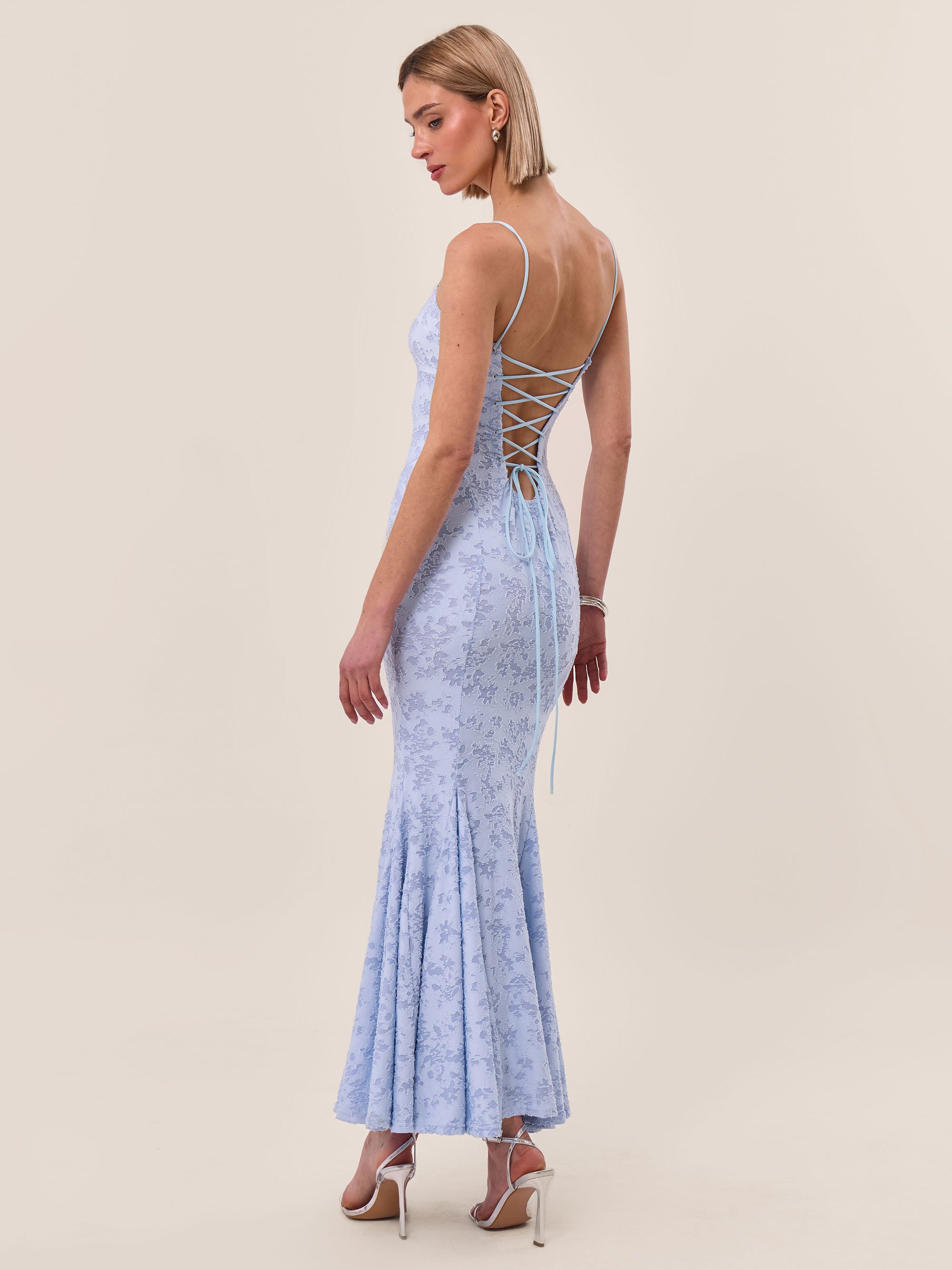 Burnout Jacquard Fishtail Blue Maxi Dress Blue / 6 Burnout Jacquard Fishtail Blue Maxi Dress Blue / 6