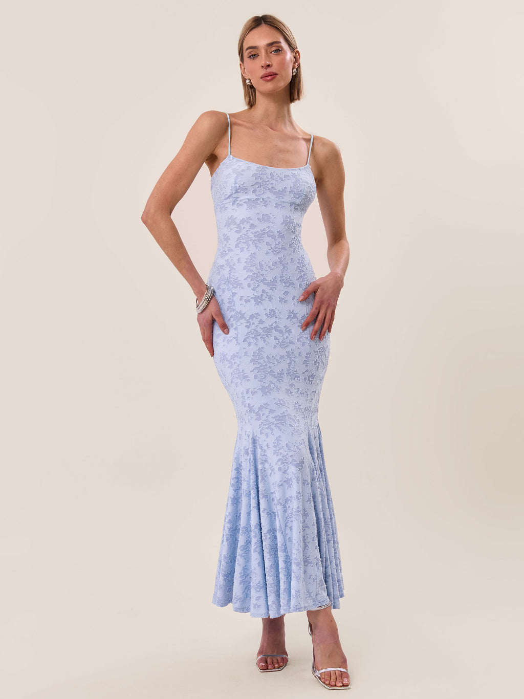 BURNOUT JACQUARD FISHTAIL MAXI DRESS