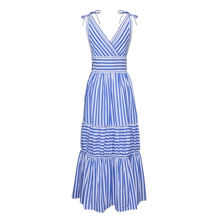 Blue Striped V-Neck One-Piece Swimsuit&Long Skirt