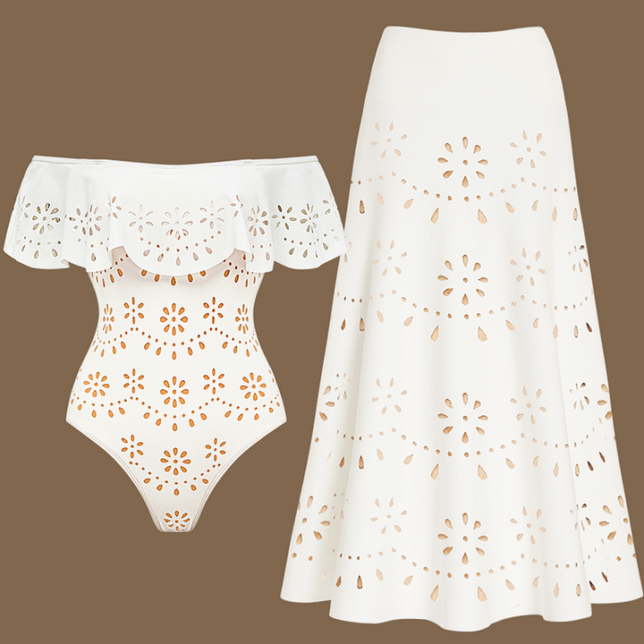 Two Pieces Set Hollow Out One Piece Swimsuit and Skirt