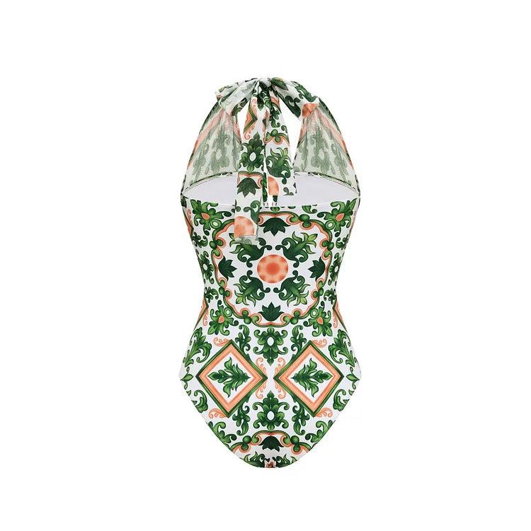 Mesh Halter Straps Printed One Piece Swimsuit and Skirt