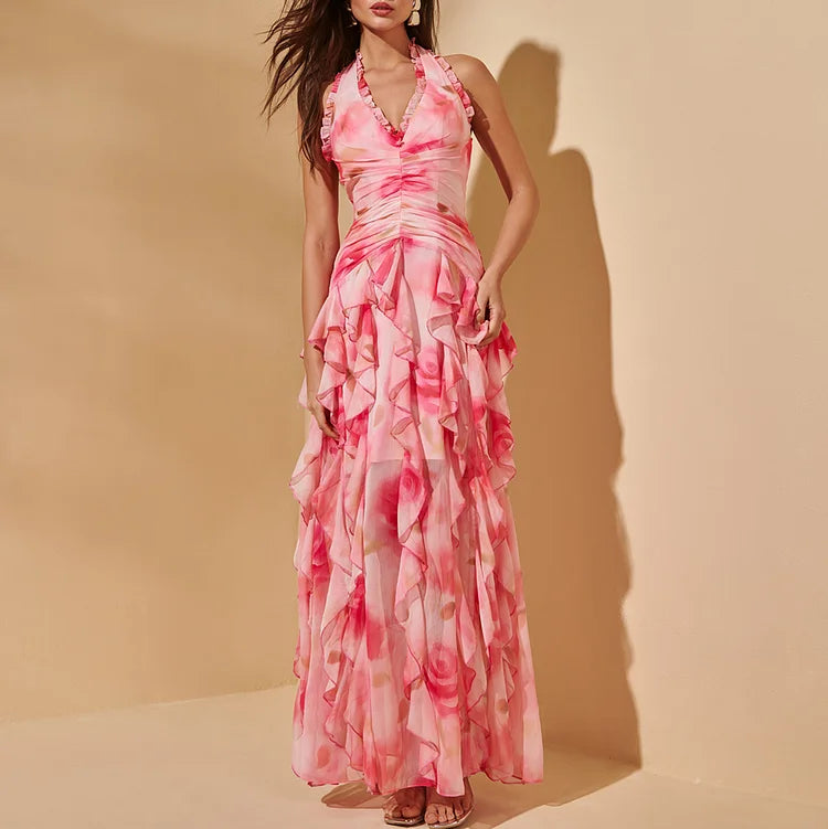 Pink Flower-dyed Halter Neck One Piece Swimsuit and Skirt