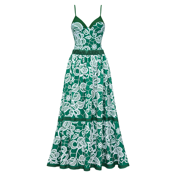 Green Lace Printed One Piece Swimsuit and Skirt