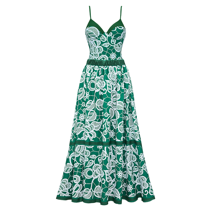 Green Lace Printed One Piece Swimsuit and Skirt