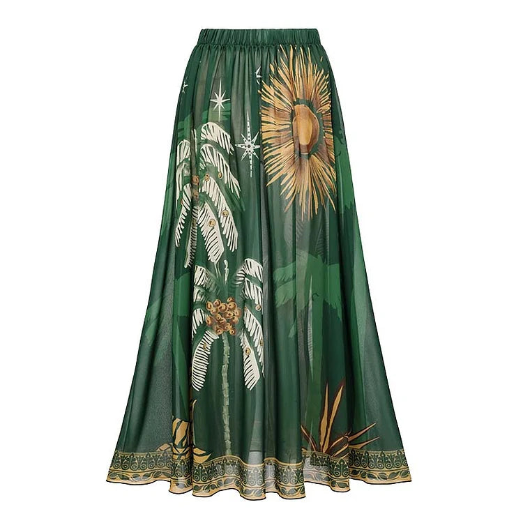 Tropical Green Printed One Piece Swimsuit and Skirt