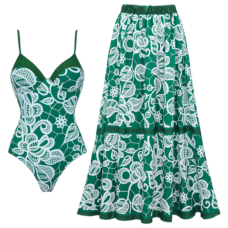 Green Lace Printed One Piece Swimsuit and Skirt