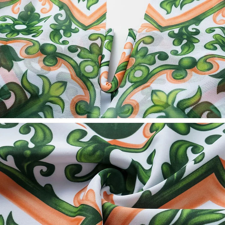 Mesh Halter Straps Printed One Piece Swimsuit and Skirt