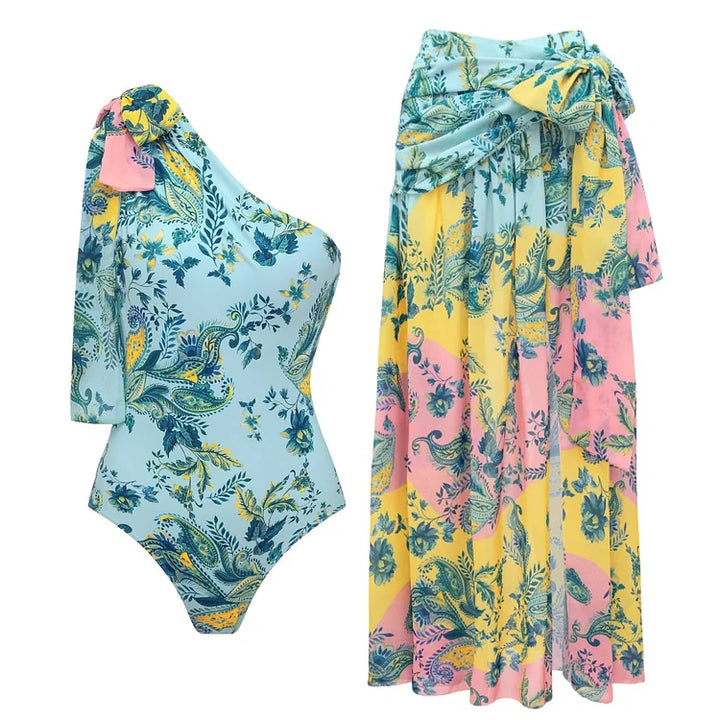 Color-Blocked Blue And White Cloud Print One-Piece Swimsuit&Long Skirt