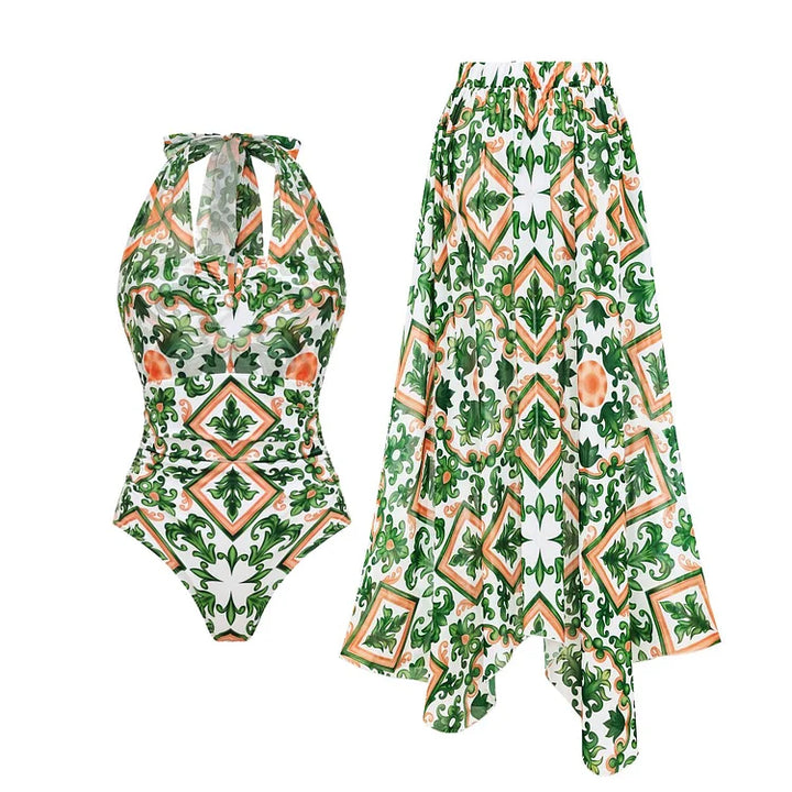 Mesh Halter Straps Printed One Piece Swimsuit and Skirt