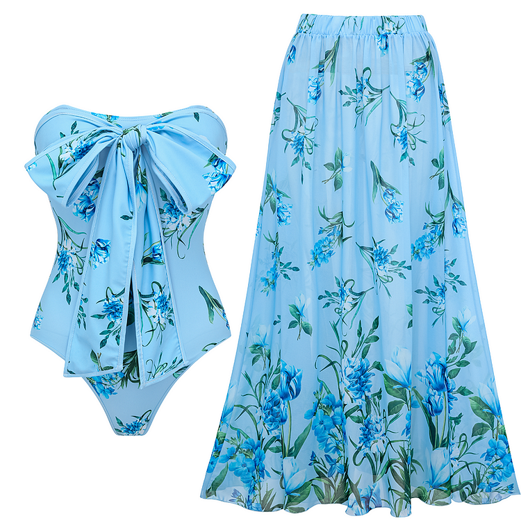 Bowknot Floral Printed One Piece Swimsuit and Skirt (Two Ways to Wear)