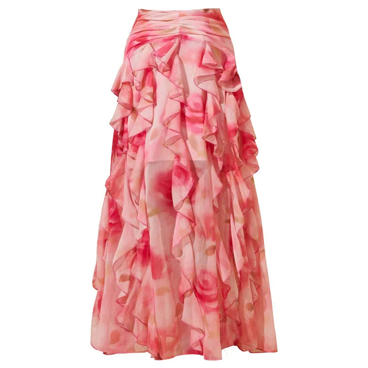 Pink Flower-dyed Halter Neck One Piece Swimsuit and Skirt