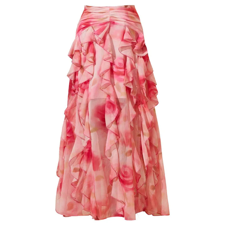 Pink Flower-dyed Halter Neck One Piece Swimsuit and Skirt