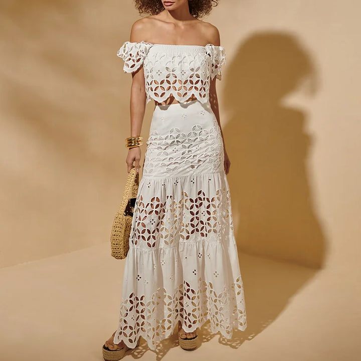 White Hollowing Design Ruffled Sleeves Bikini Swimsuit and Skirt