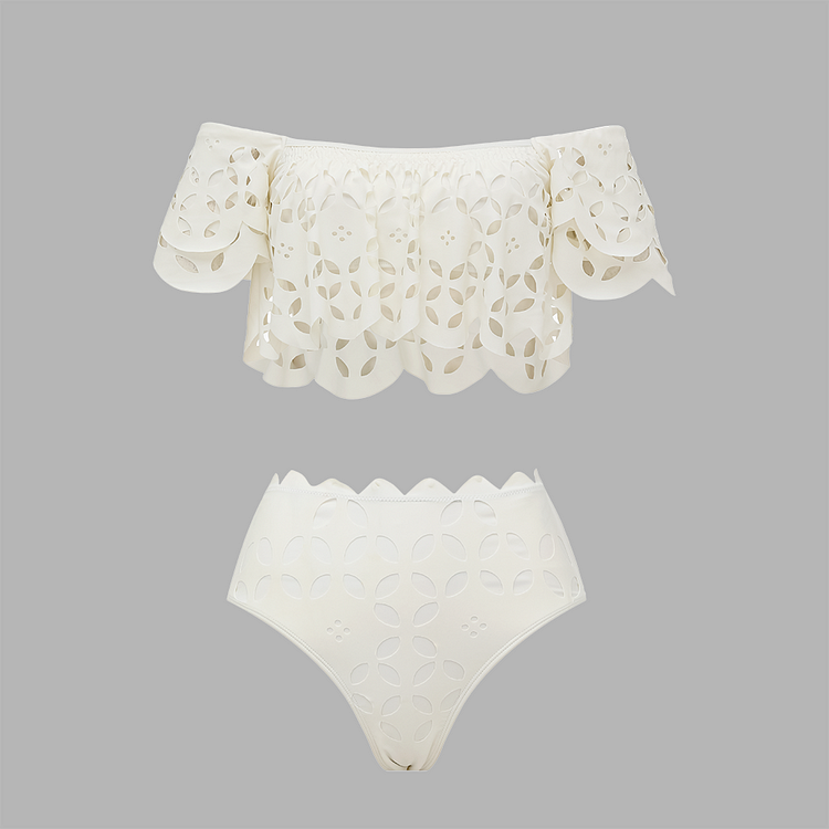 White Hollowing Design Ruffled Sleeves Bikini Swimsuit and Skirt