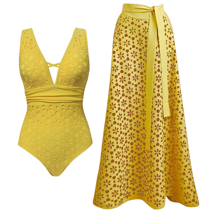 Yellow Color Laser Cutting Flower Hollow One Piece Swimsuit and Skirt