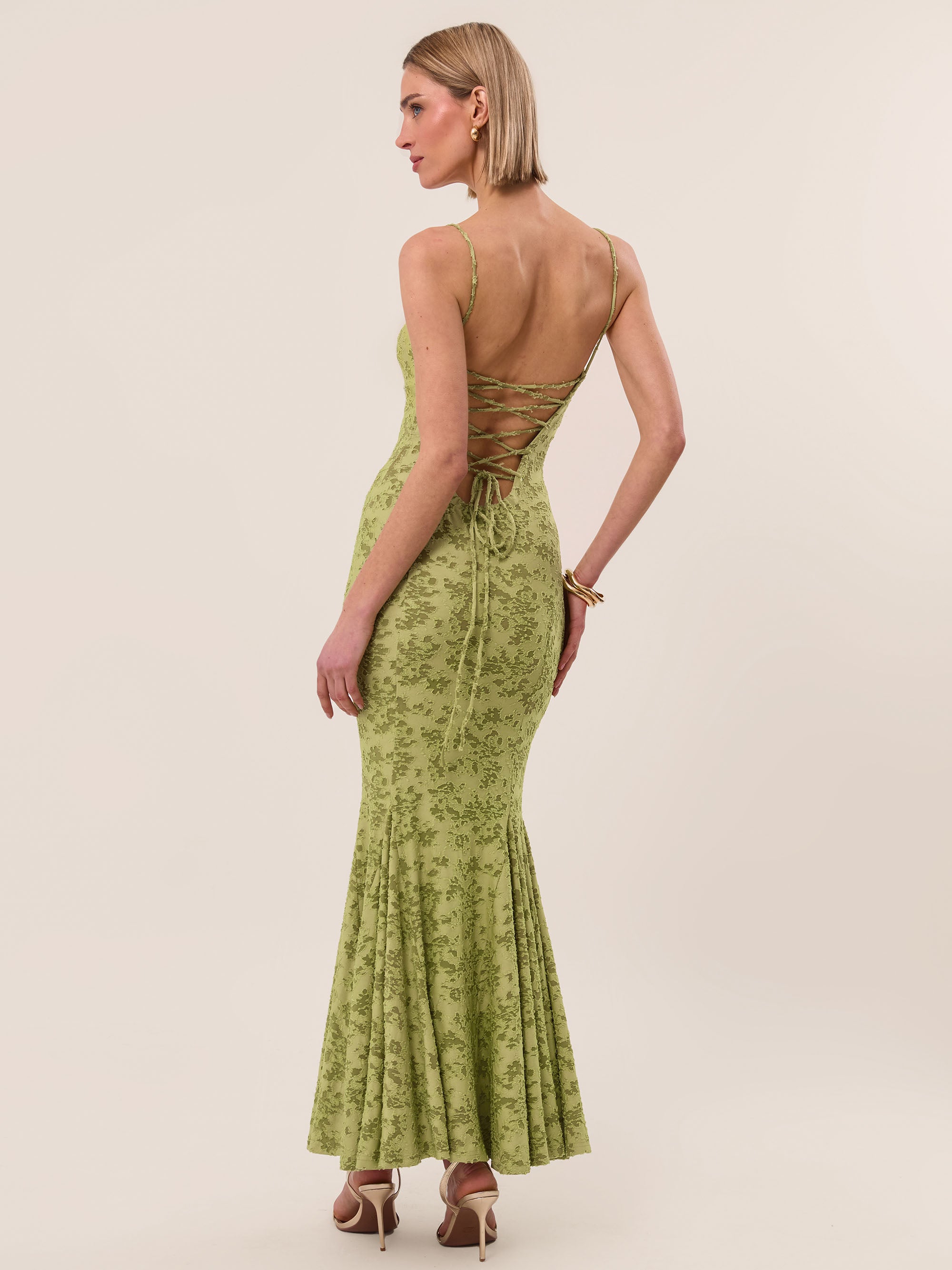 Burnout Jacquard Fishtail Green Maxi Dress 12 Burnout Jacquard Fishtail Green Maxi Dress 12