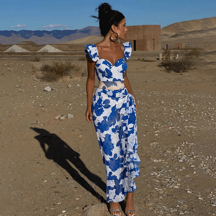 Sling Ruffle Blue Printed One Piece Swimsuit and Sarong