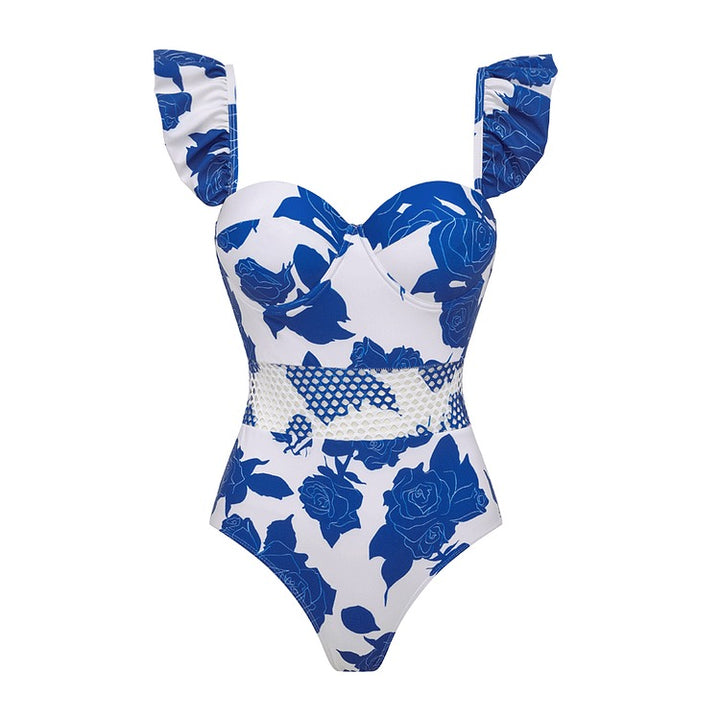 Sling Ruffle Blue Printed One Piece Swimsuit and Sarong