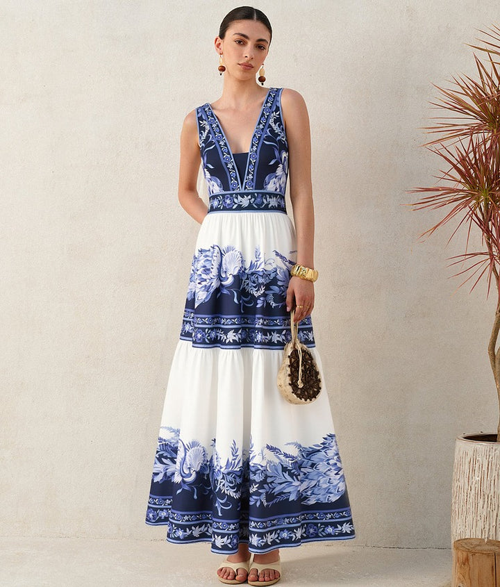 Blue and White Porcelain Print V Neck One Piece Swimsuit and Skirt