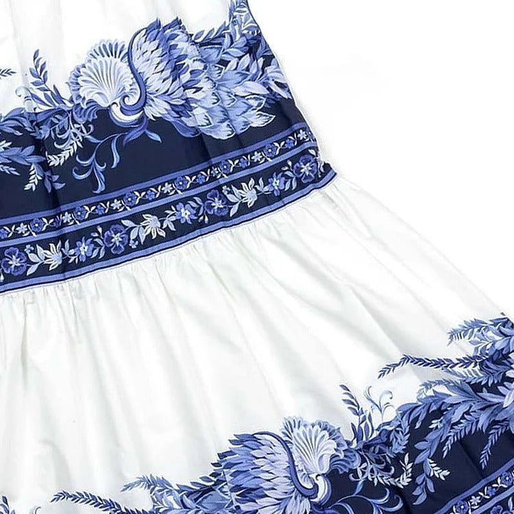 Blue and White Porcelain Print V Neck One Piece Swimsuit and Skirt
