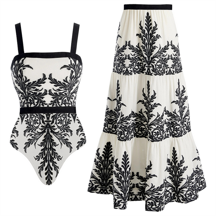 Black Ferns Pattern Printed One Piece Swimsuit and Skirt