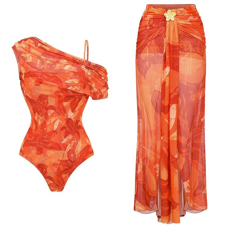 Orange Lily Print One Piece Swimsuit and Sarong (Multiple ways to wear)