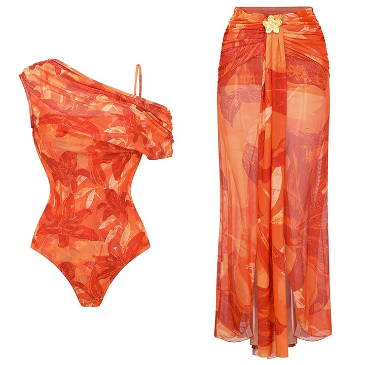 Orange Lily Print One Piece Swimsuit and Sarong (Multiple ways to wear)