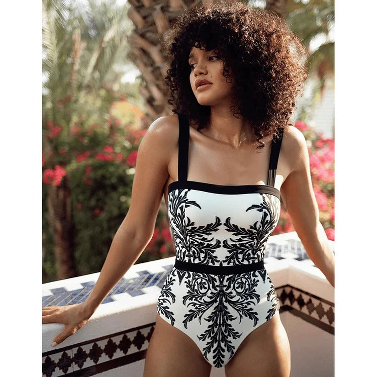 Black Ferns Pattern Printed One Piece Swimsuit and Skirt