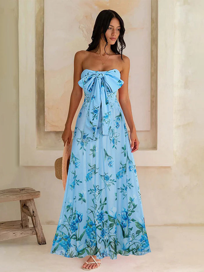 Bowknot Floral Printed One Piece Swimsuit and Skirt (Two Ways to Wear)