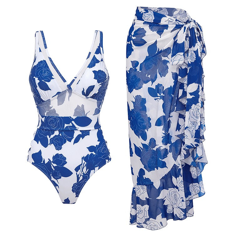 V Neck Mesh Splicing Side Cut Out Printed One Piece Swimsuit and Sarong