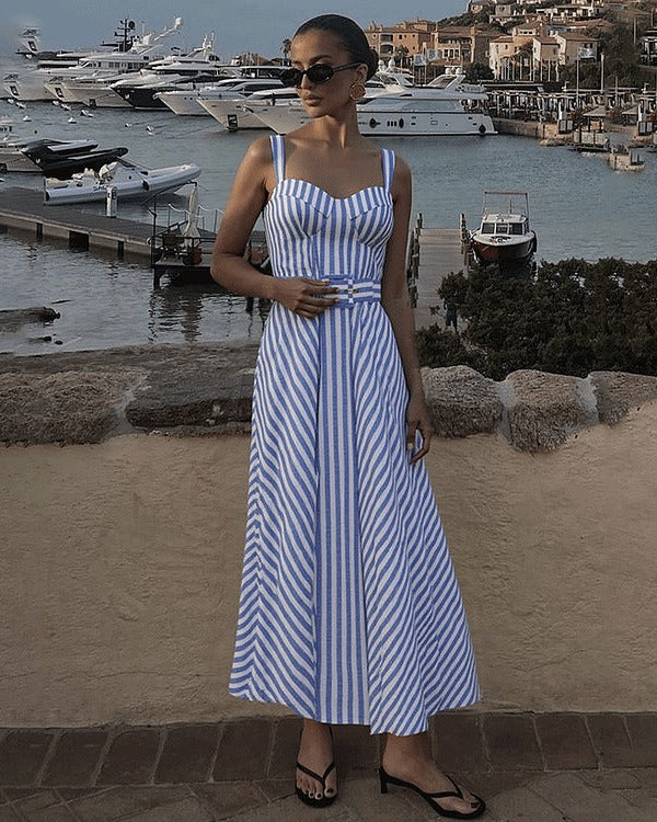 Sling Blue Classic Striped Print One Piece Swimsuit and Skirt