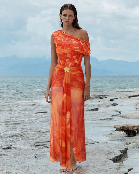 Orange Lily Print One Piece Swimsuit and Sarong (Multiple ways to wear)
