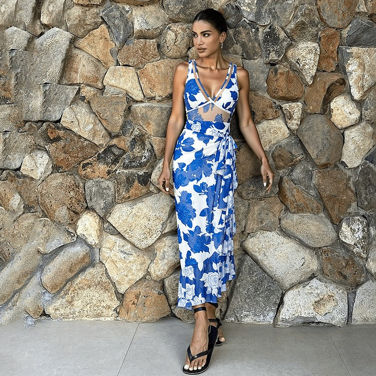 V Neck Mesh Splicing Side Cut Out Printed One Piece Swimsuit and Sarong