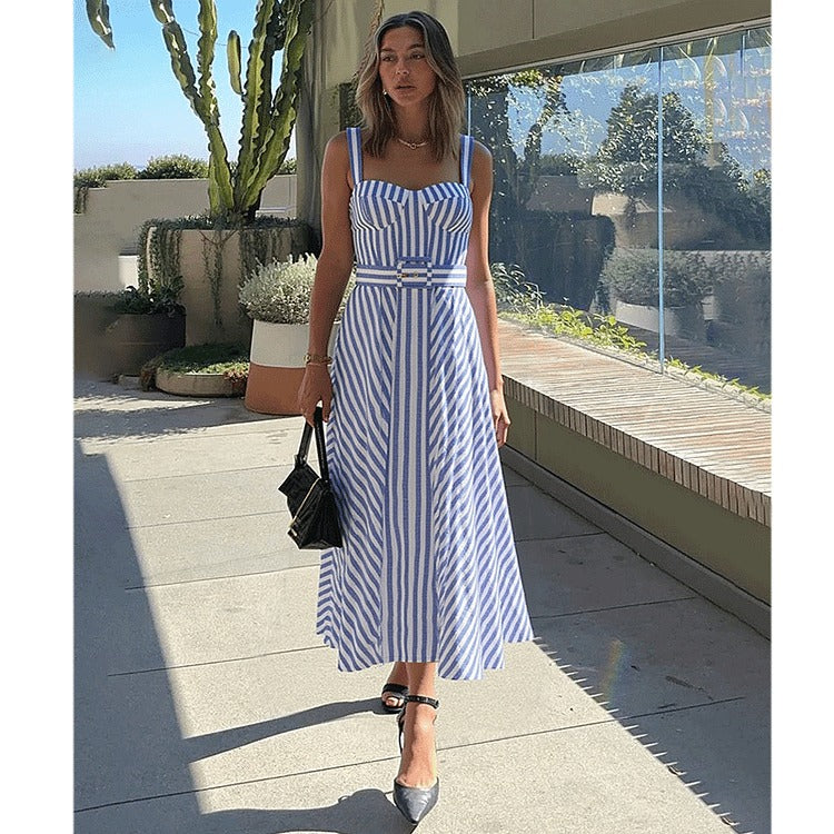 Sling Blue Classic Striped Print One Piece Swimsuit and Skirt