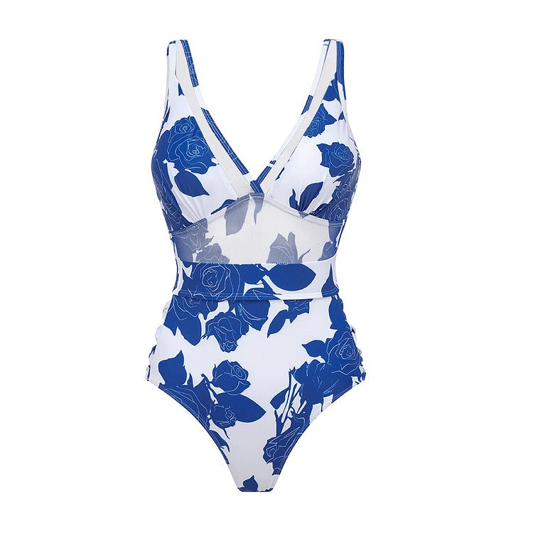 V Neck Mesh Splicing Side Cut Out Printed One Piece Swimsuit and Sarong