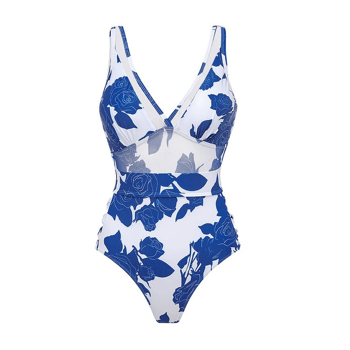 V Neck Mesh Splicing Side Cut Out Printed One Piece Swimsuit and Sarong